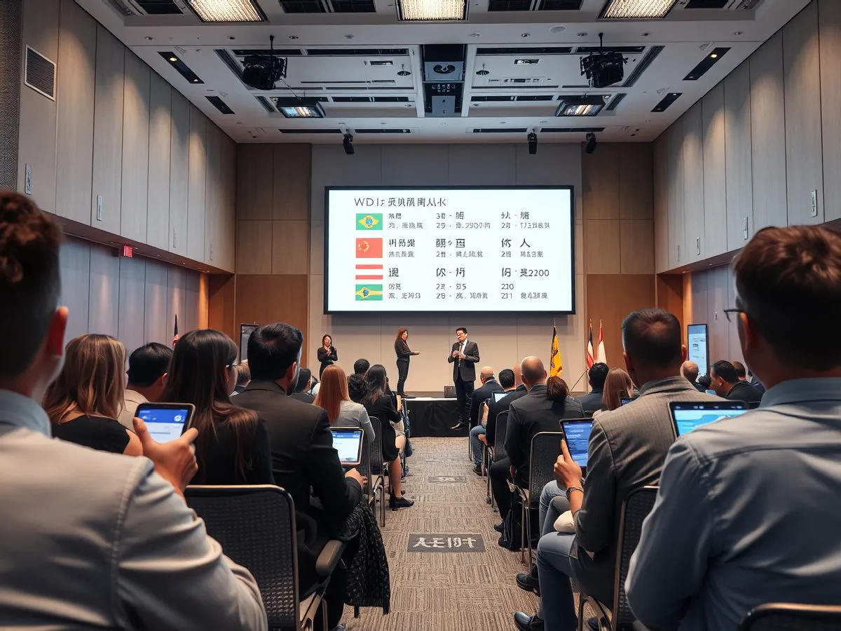 大学国际学术会议现场，多语言同传与电子投票系统运行场景